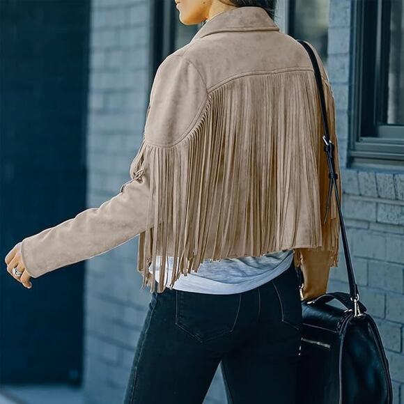 NWT Cropped Soft Faux Western Fringe Suede Open Style Lined Jacket Coat M Cream - Picture 5 of 15